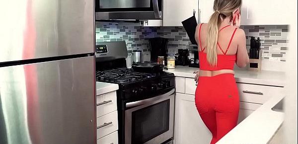 Hot milf Linzee Ryder giving stepson a hot wet blowjob and lets him fuck her tits in the kitchen